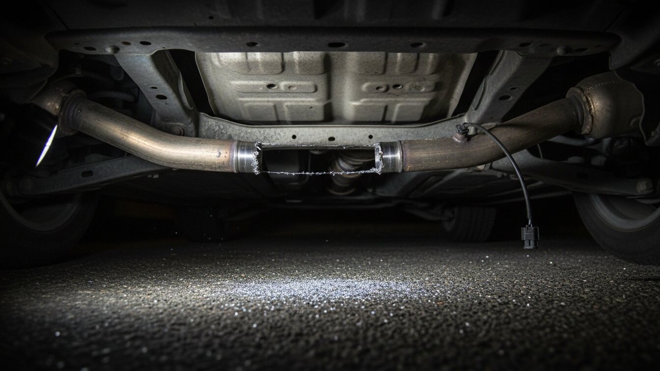 The underside of a vehicle at night, with a gap in the exhaust where the catalytic converter has been cut out