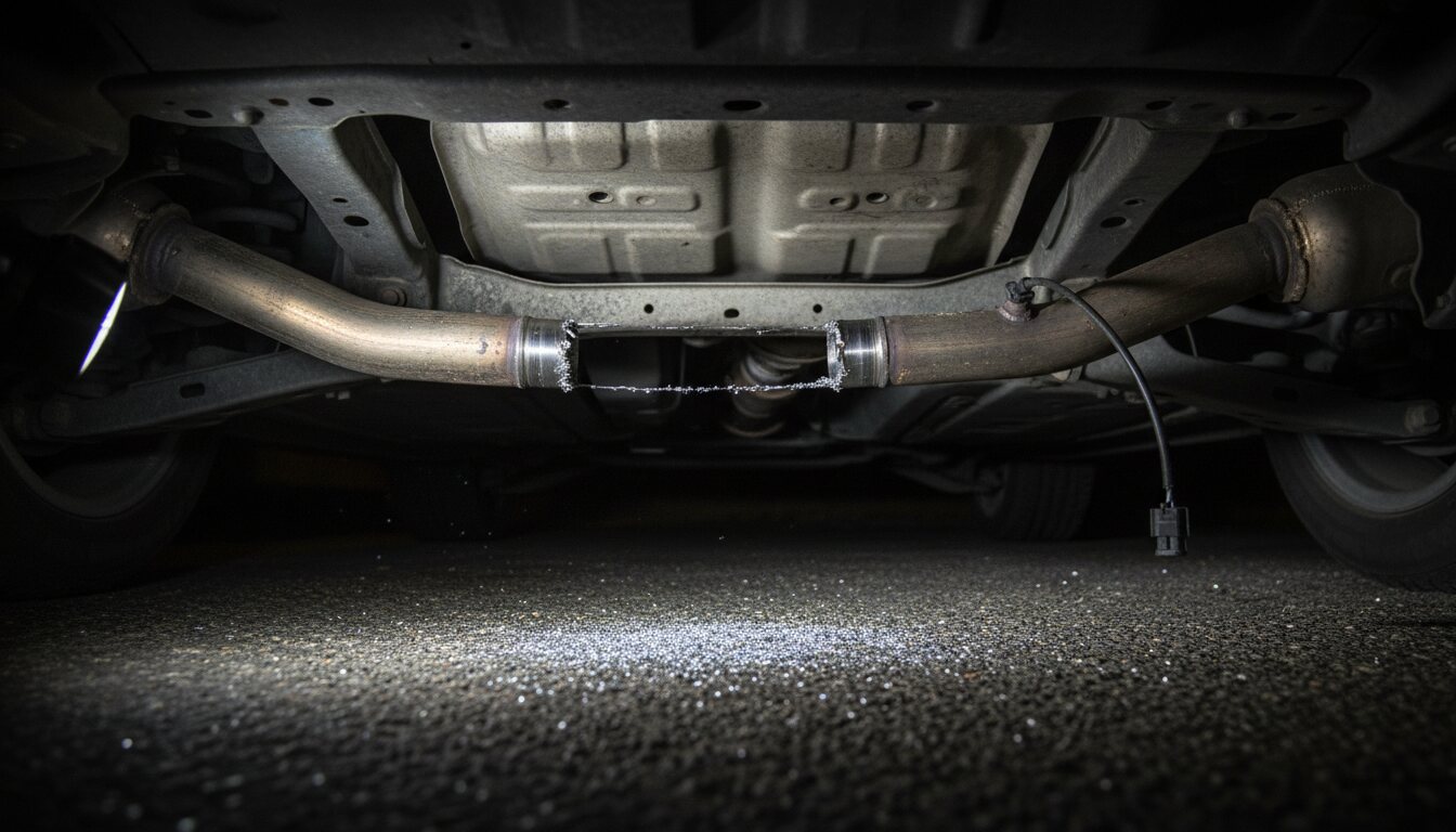 The underside of a vehicle at night, with a gap in the exhaust where the catalytic converter has been cut out