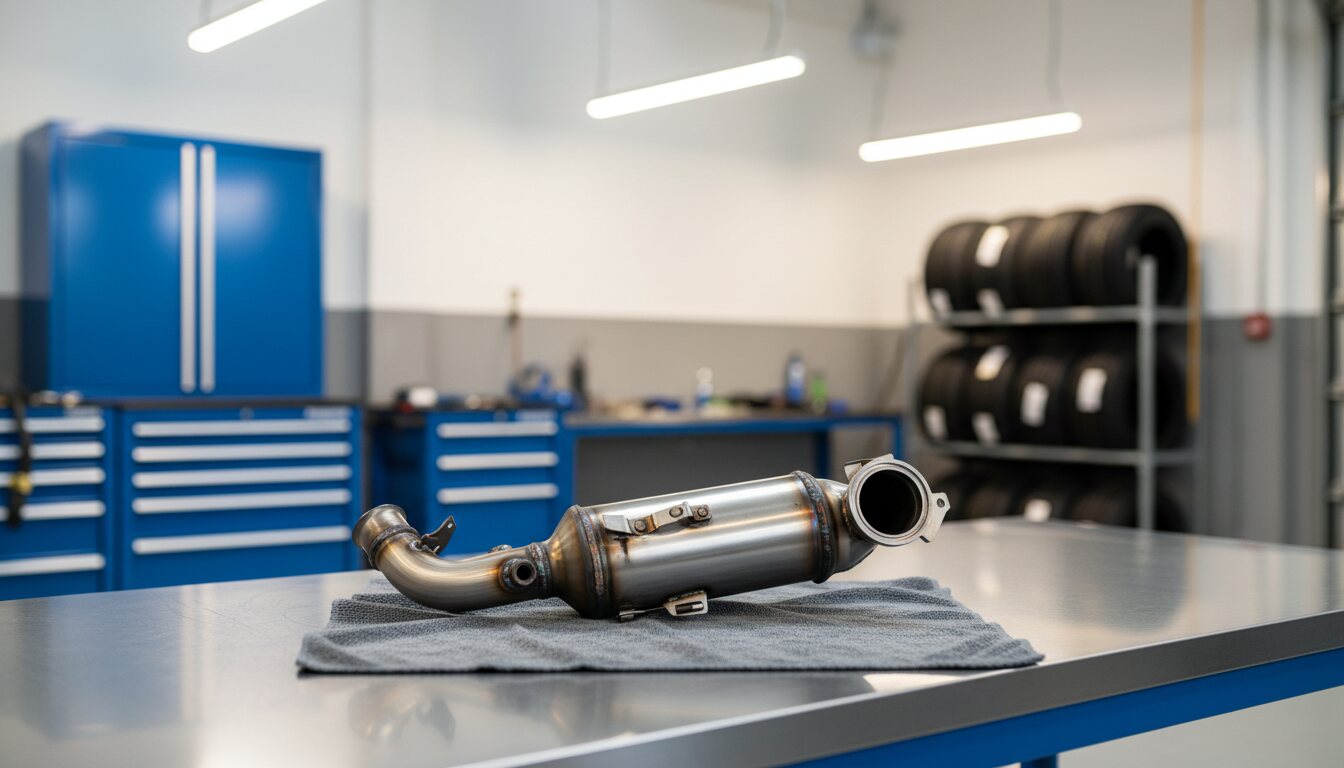 A new catalytic converter with petrol particulate filter on a cloth on a workshop bench