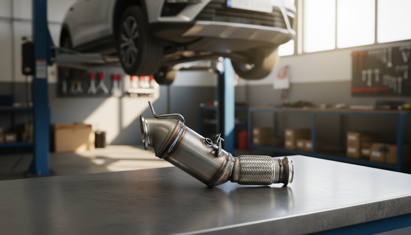 A new catalytic converter on a workshop bench, with a vehicle raised on a lift behind it