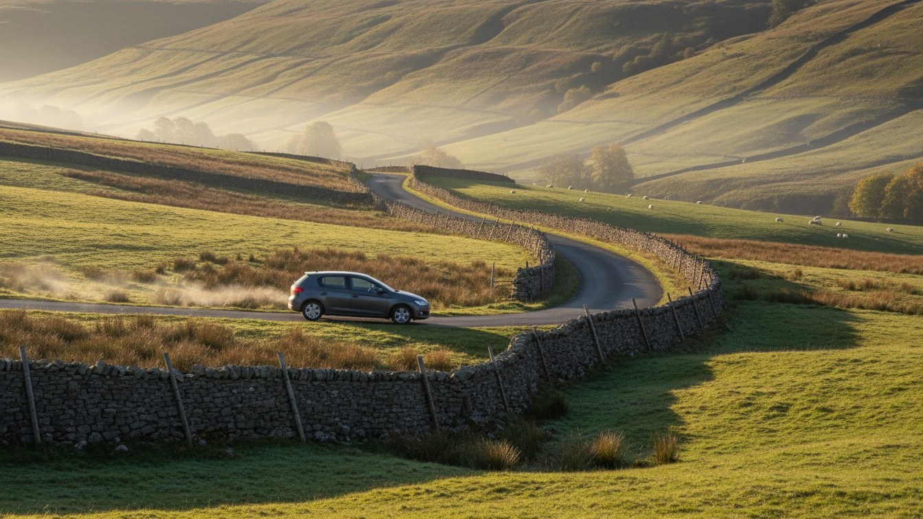 A dark grey hatchback on a winding country lane between dry-stone walls, in hill country on a misty autumn morning