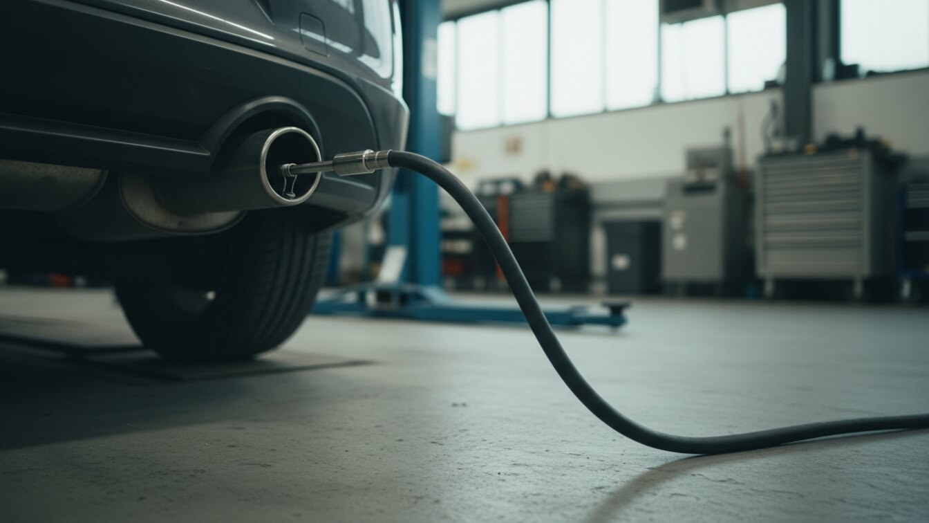 Exhaust gas analyser probe clipped into a vehicle's tailpipe for an MOT emissions test