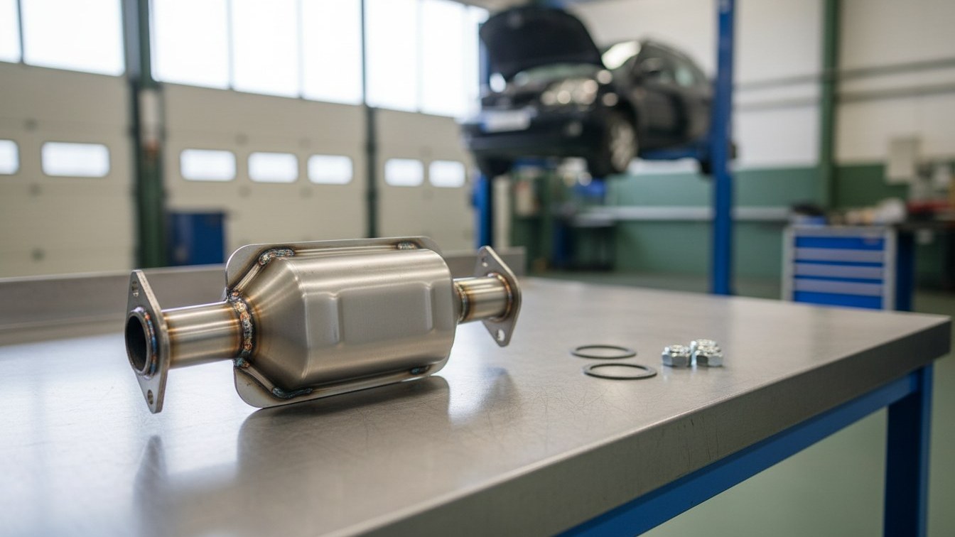 New stainless-steel catalytic converter on a workshop bench, with two exhaust gaskets and nuts beside it