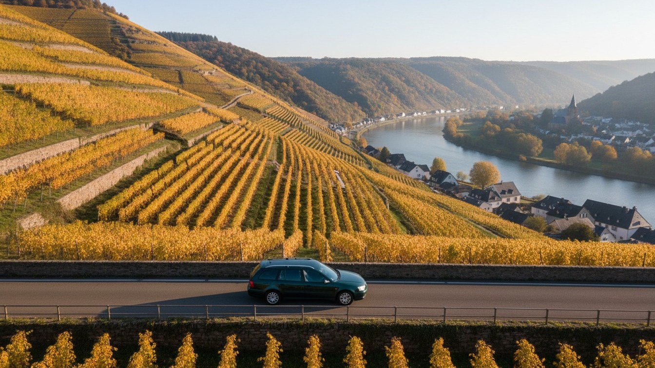Dunkelgrüner Kombi auf einer schmalen Straße durch herbstlich goldene Weinberge über der Mosel, im Hintergrund ein Dorf am Fluss