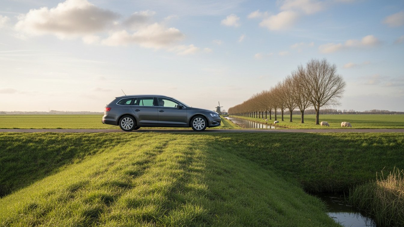 Grijze dieselstationwagen op een dijkweg door een Nederlandse polder, met een sloot, schapen, knotwilgen en een molen aan de horizon