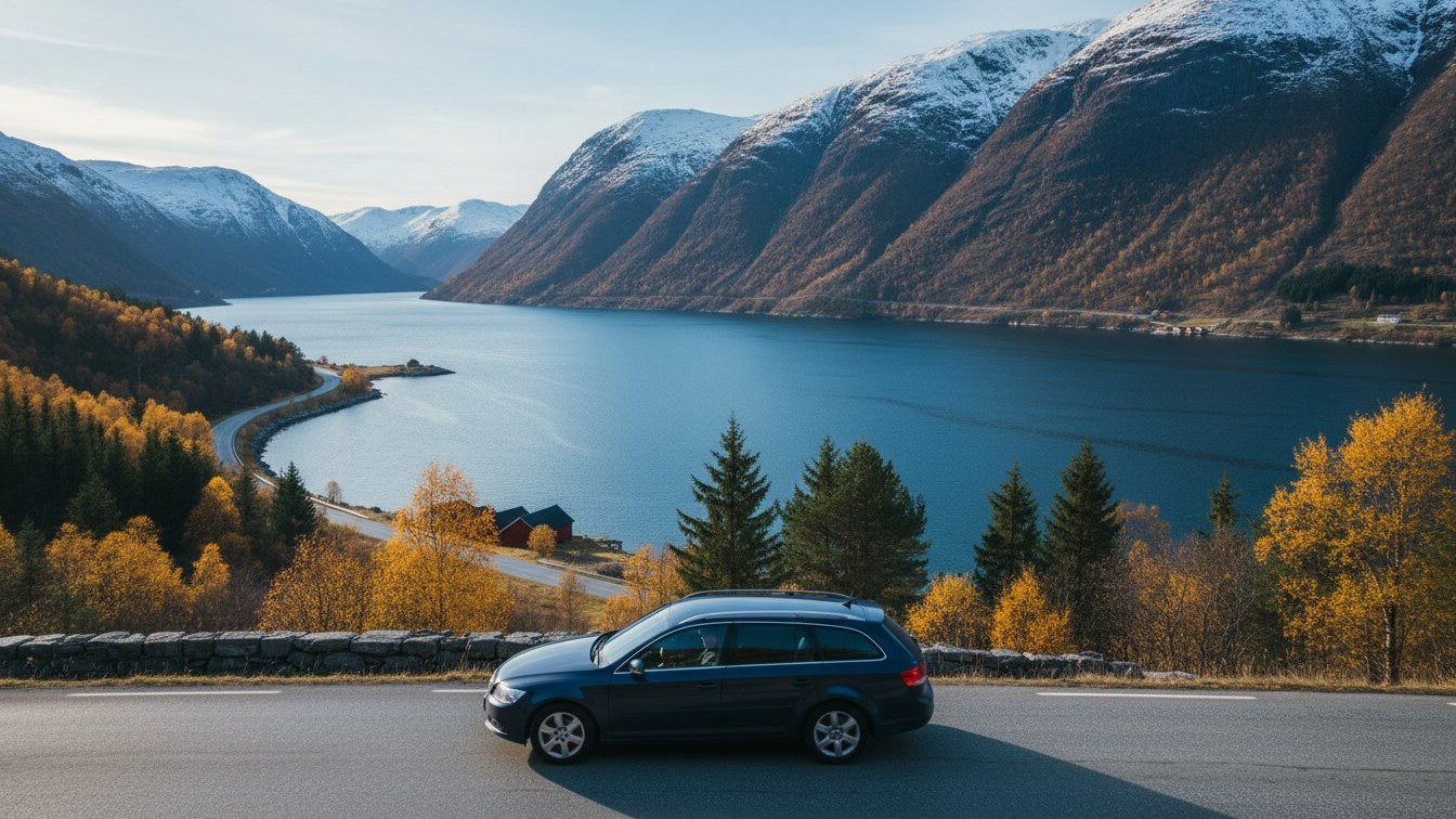 Mørkeblå stasjonsvogn på en svingete vei langs en norsk fjord om høsten, med gule bjørker, et rødt naust og snø på fjelltoppene